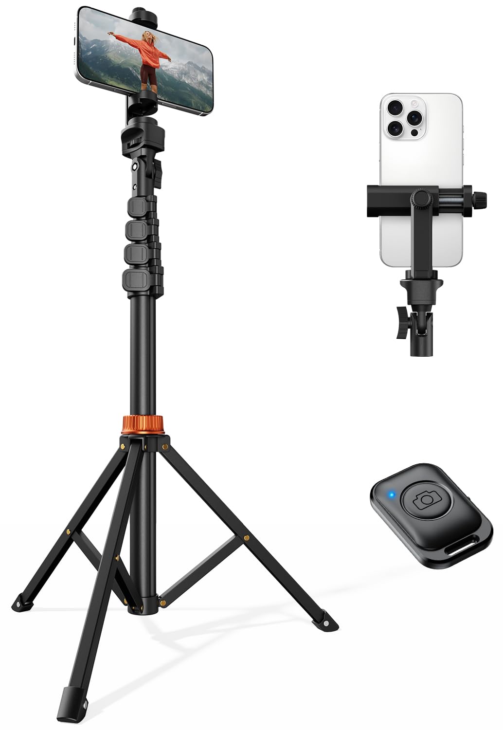 VIMOSE 66" Phone Tripod, Tripod for iPhone with Remote & Phone Stand, Extendable Cell Phone Tripod for Video Recording, Ultimate Tripod & Monopod Accessories for iPhone/Android, Clamp Mount