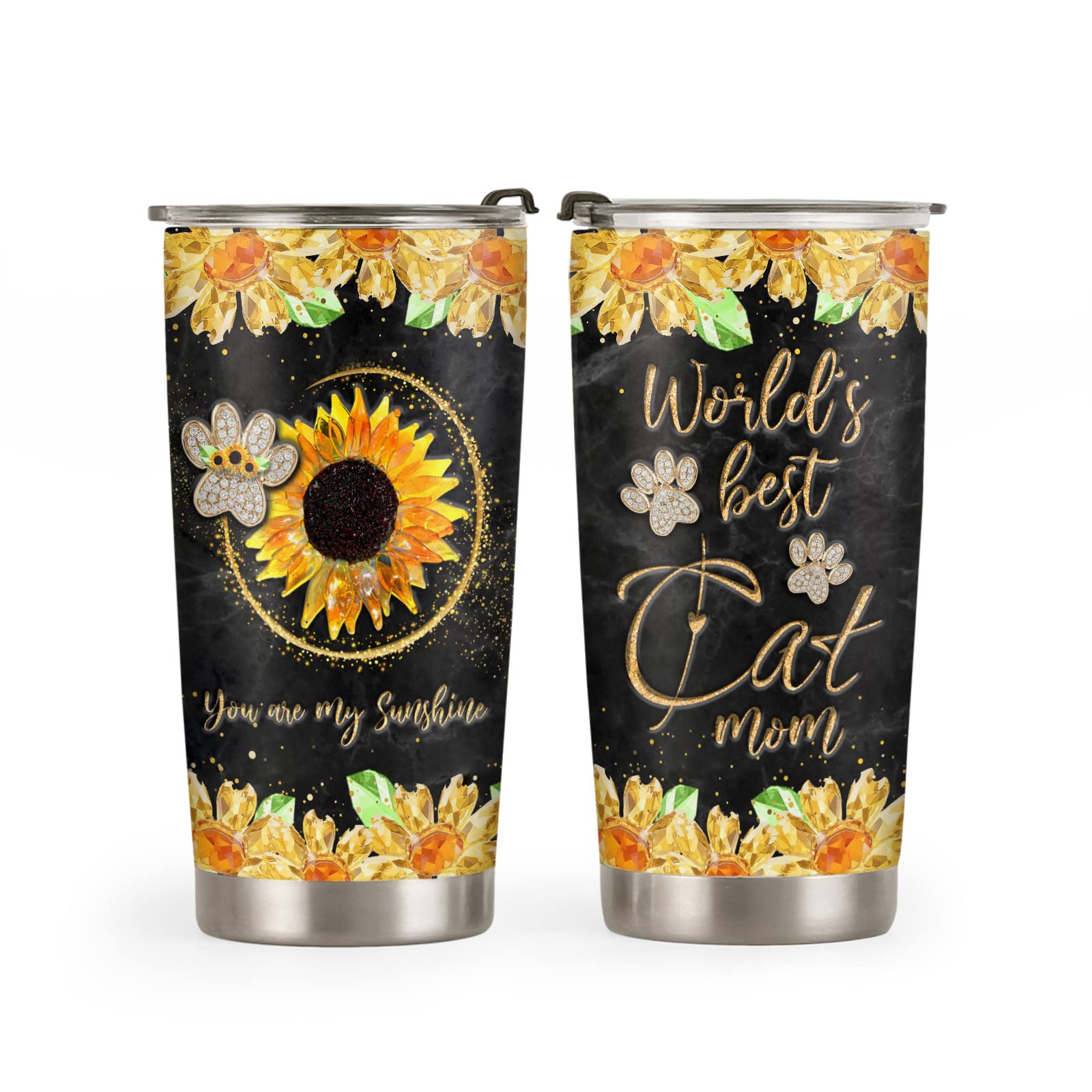 20oz Cat Gifts for Cat Lovers, Cat Lover Gifts for Women, Valentines Day Gifts for Her, Cat Mom Gifts for Women Cat Themed Gifts Sunflower Cat Tumbler Cup, Insulated Travel Coffee Mug with Lid