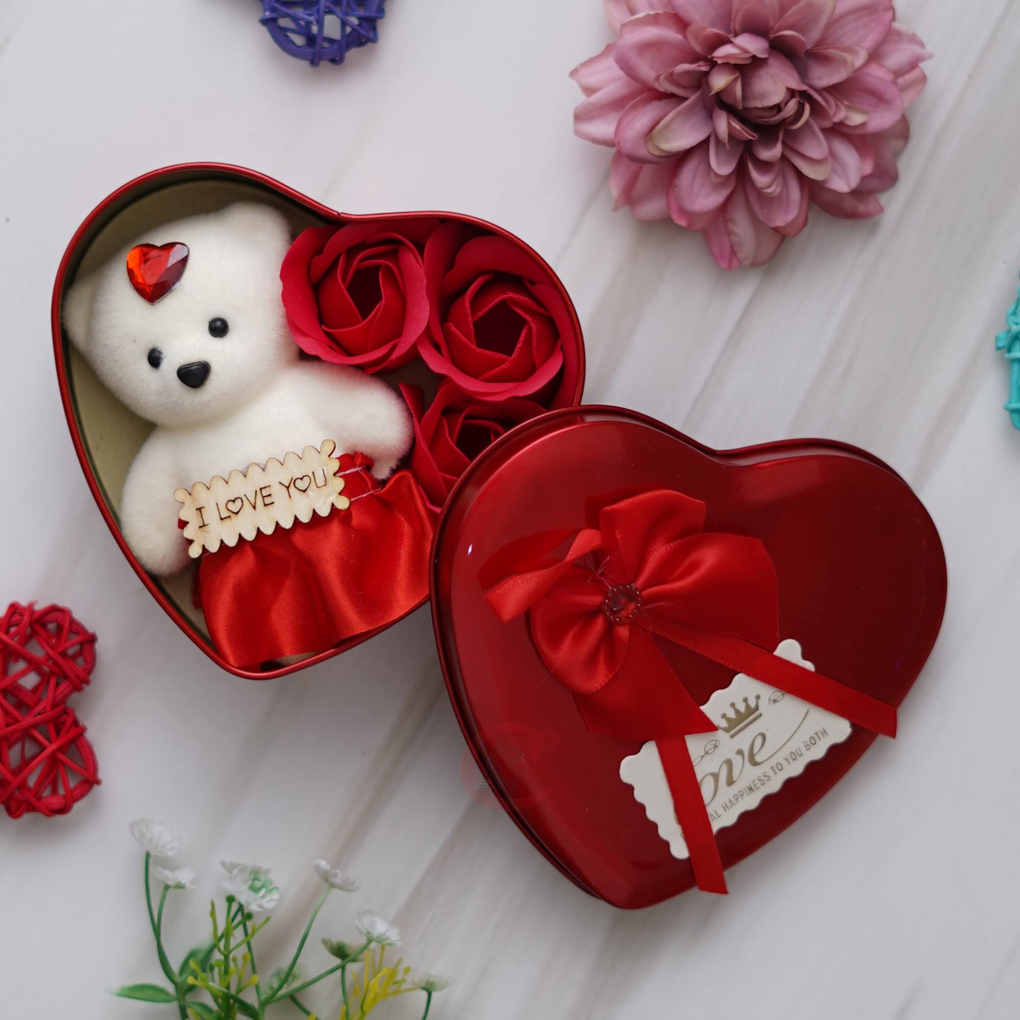 eCraftIndia Heart Shaped Valentine's Day Gift Box with I Love You Message, White Teddy Bear, and 3 Red Roses- Gift for Husband, Wife, Girlfriend, Boyfriend - Suitable for Teddy Day, Anniversary