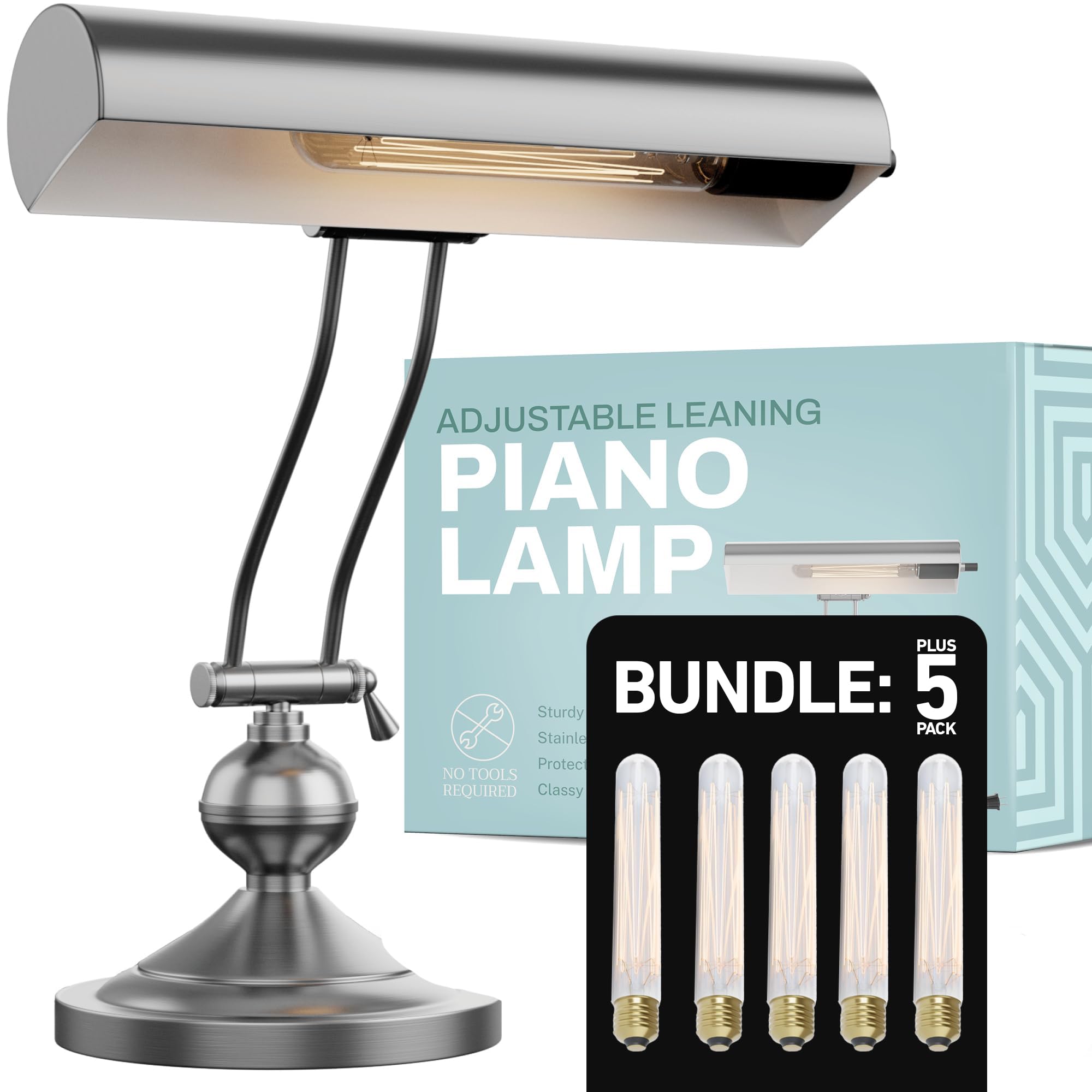 Home Intuition Classic Antique Retro Adjustable Leaning Piano Lamp Desk Light Bundle with 5 Extra LED Bulbs (Satin Nickel)