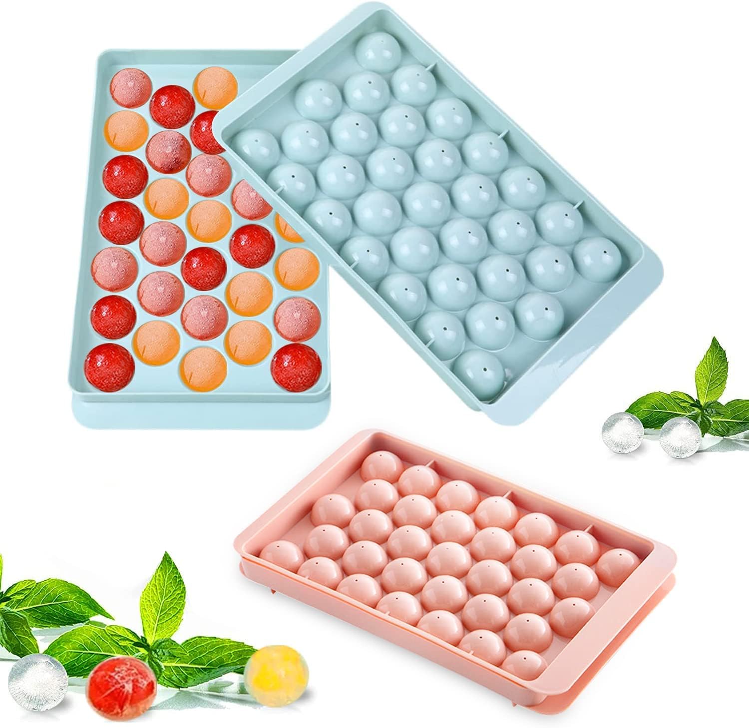 SAMEZONE Plastic Reusable Flexible Round Ice Cube Trays, 33 Cavity Mini Round Ice Plastic Tray Molds for Whiskey & Cocktails, Keep Drinks Chilled Ice Cube Trays for Freezer Multicolor (Pack of 2)