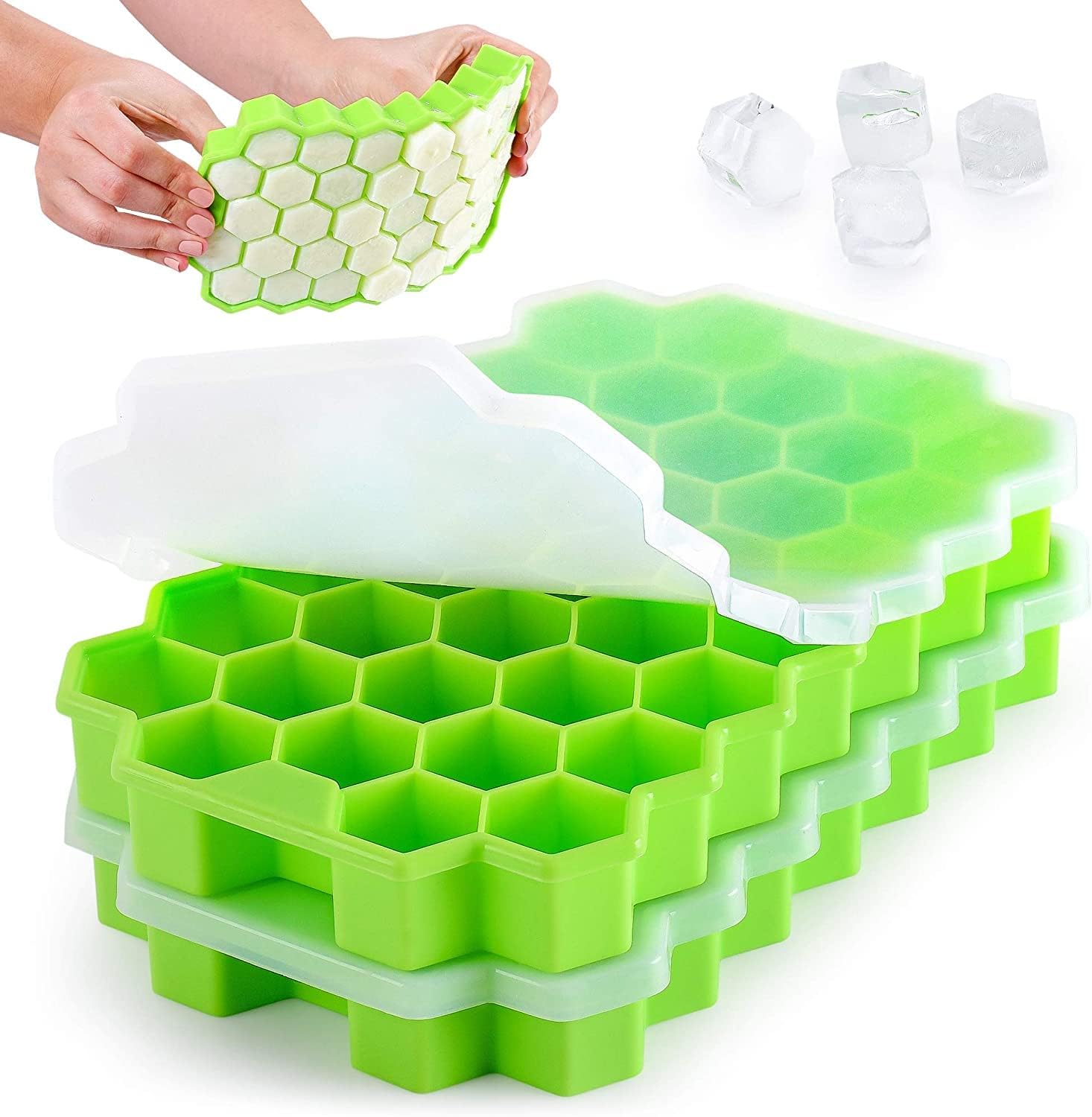 2 Pcs Ice Cube Trays Silicone Ice Cube Molds, Easy-Release and Flexible 37 Ice Trays BPA Free, for Whiskey Cocktail, Stackable and Safe Ice Honeycomb Small Cubes Fridge Bar Soft Tray (with Lid) (2)