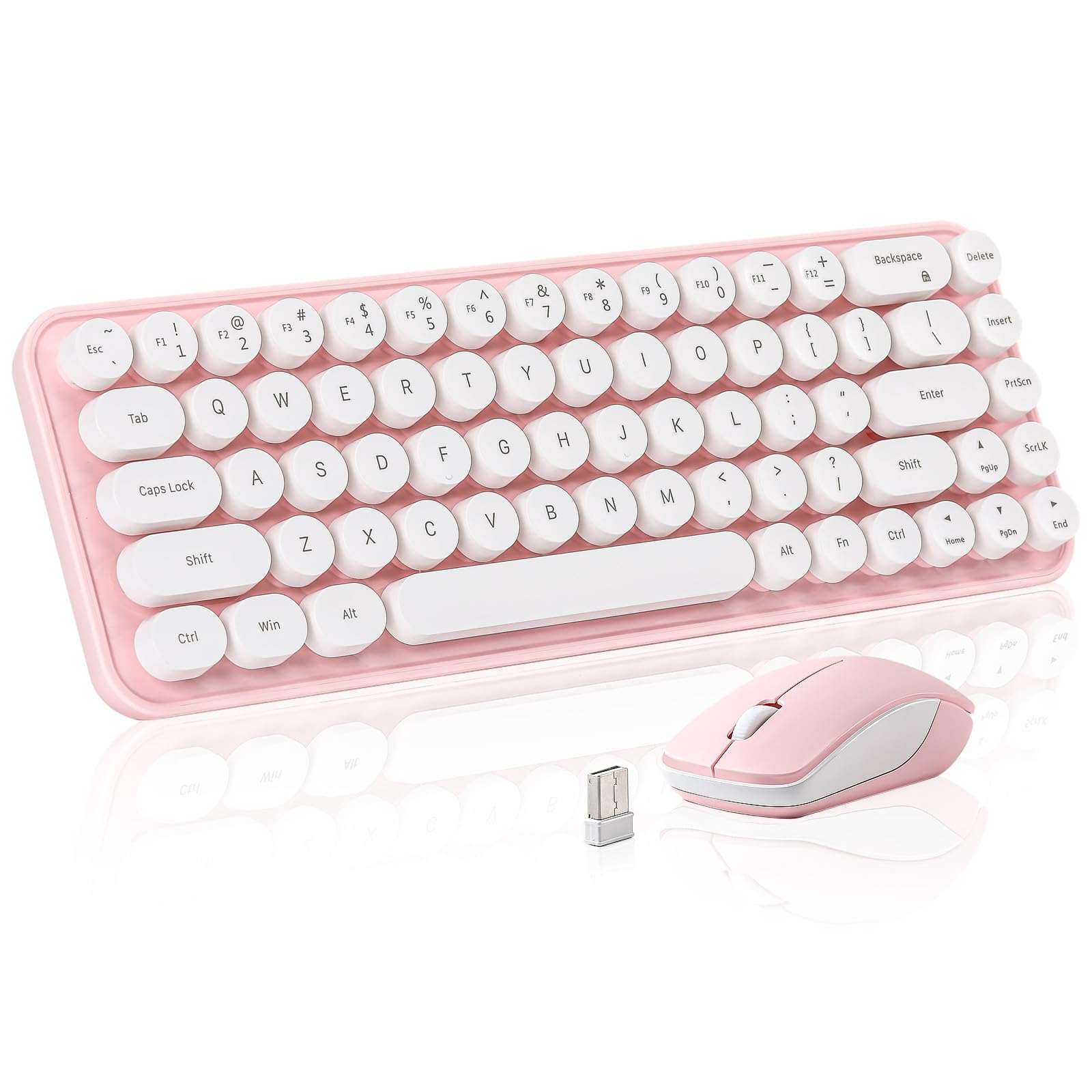 MIKIBY i68 Wireless Typewriter Keyboard and Mouse Combo,Pink Keyboard with 2.4GHz Connection, Cute Retro Aesthetic Design Round Keycaps for Tablet, Phone, PC and Win/Mac/Android(Pink)