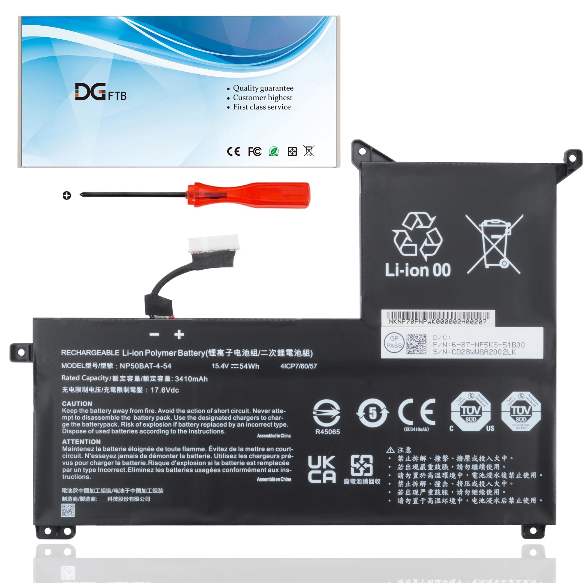 DGFTB NP50BAT-4-54 New Laptop Battery Replacement for CLEVO NP70 X17 AT22 G7 KE XMG Focus 16 X15 at 6-87-NPSKS-53G00 Series 4ICP7/60/57 (15.4V 54Wh/3510mAh)