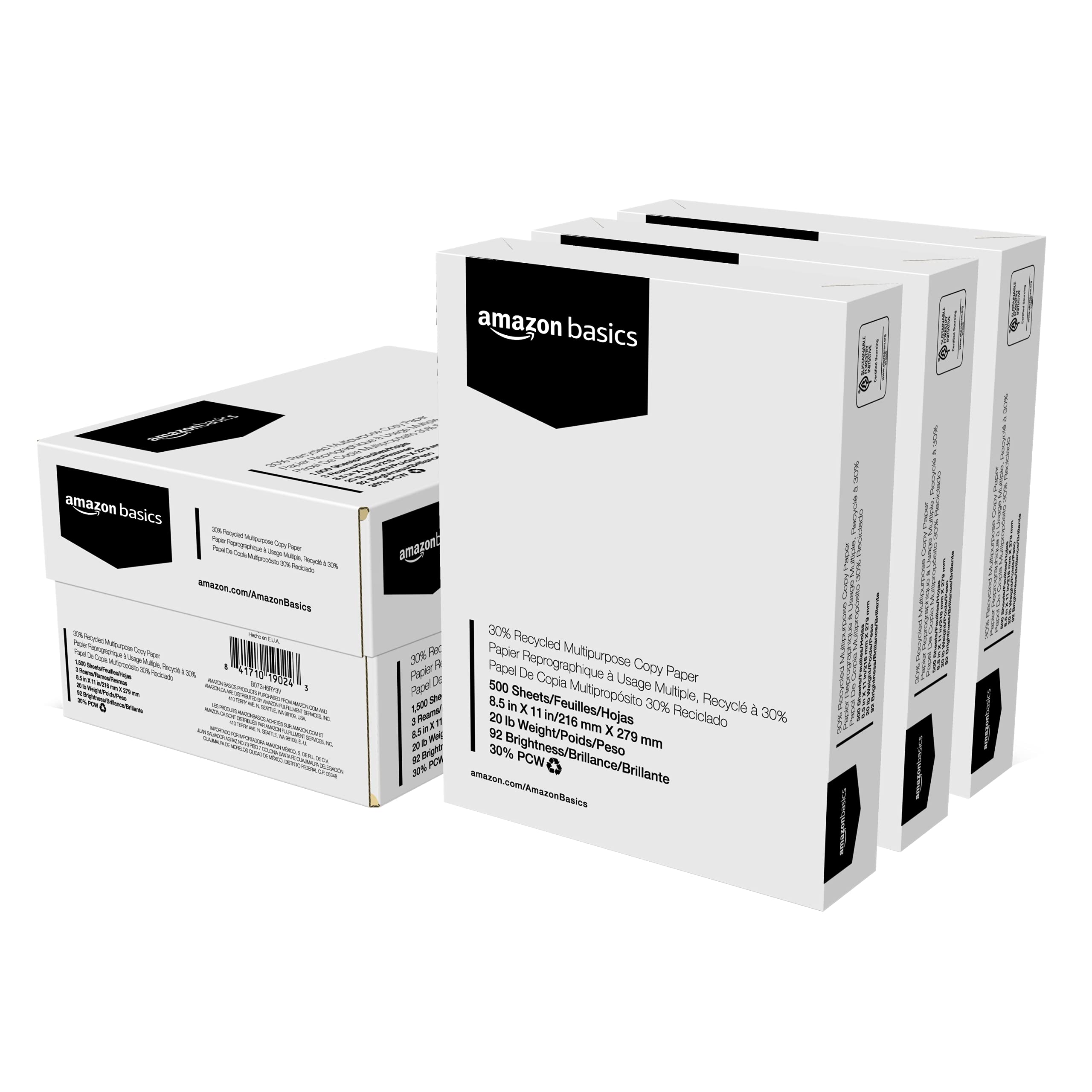 Amazon Basics 30% Recycled Multipurpose Copy Printer Paper, 8.5 x 11 Inches, 20 lb, 3 Ream, (1,500 Sheets), 92 Bright, White