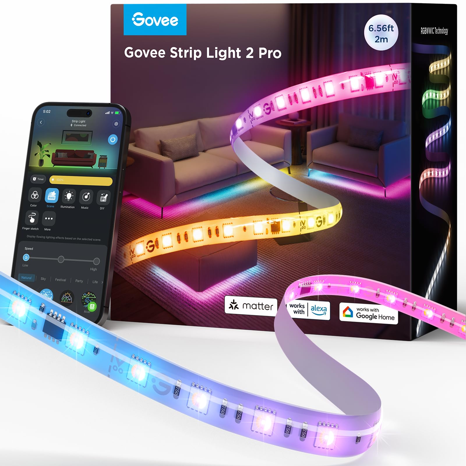 Govee RGBIC Strip Light 2 Pro with Matter, 6.56ft Smart LED Strip Lights Compatible with Alexa and Google Assistant, Color Changing LED Lights for Bedroom, Cabinet, Party, Gaming Desk, Home Decor