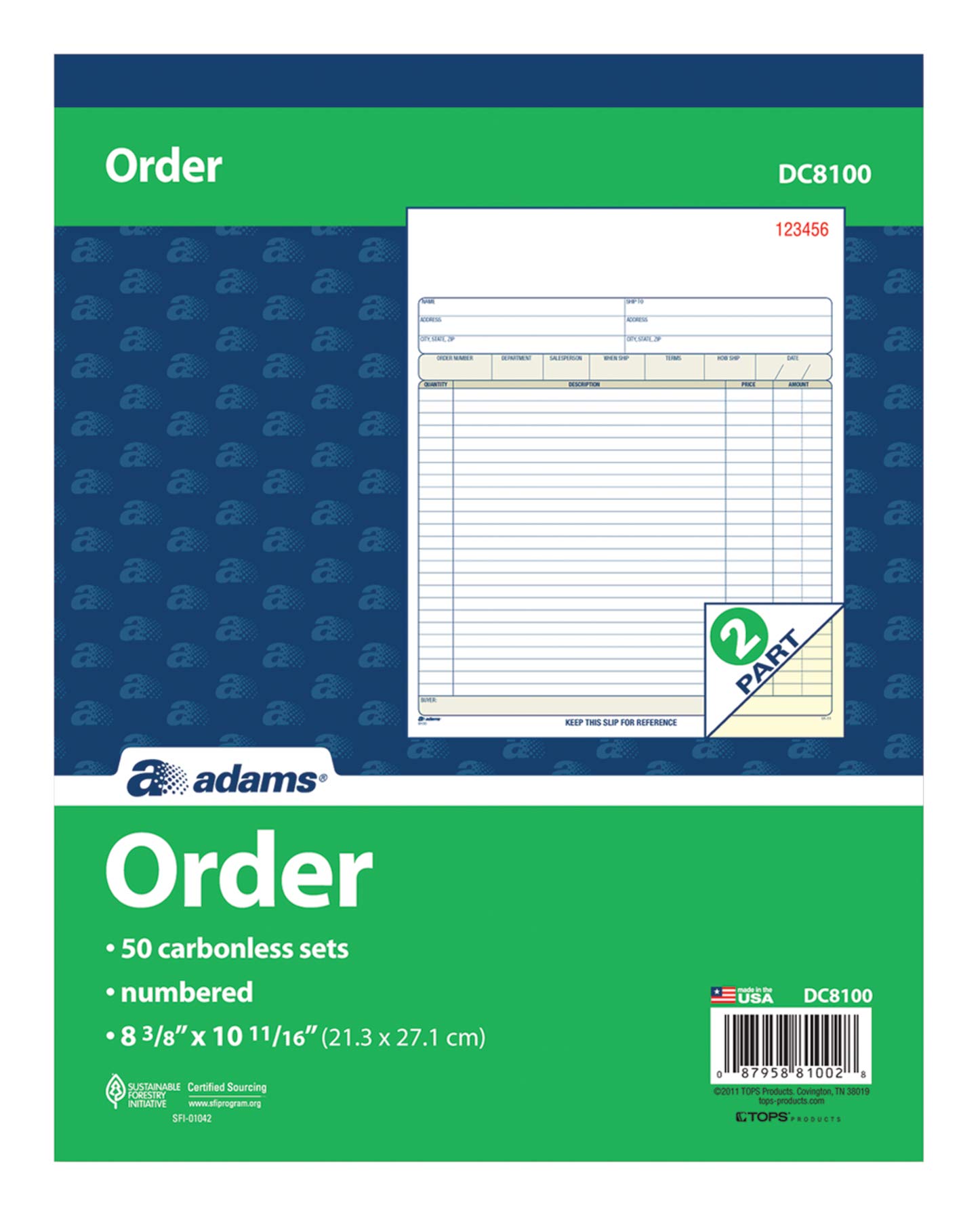 Adams Order Book, 2-Part, Carbonless, White/Canary, 8-3/8 x 10-11/16 Inches, 50 Sets per Book (DC8100) , 1 pack