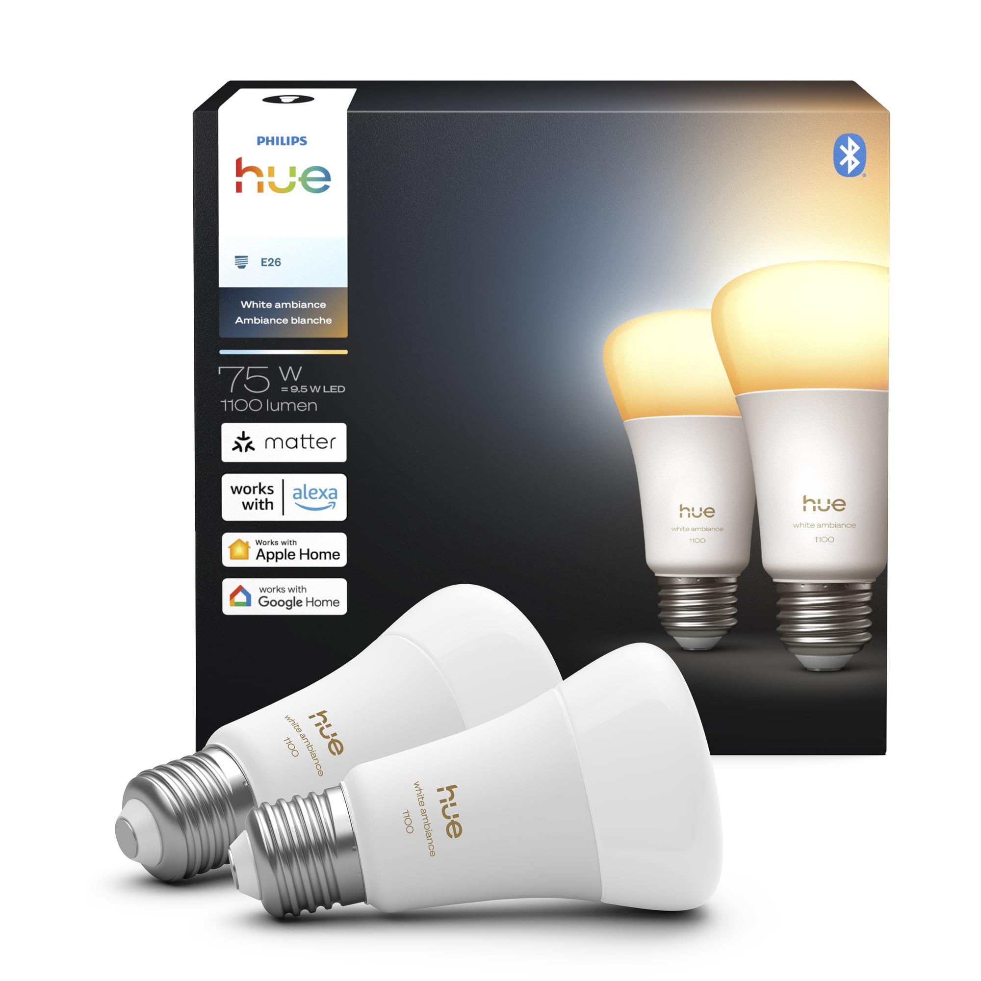 Philips Hue Smart LED A19 Bulb, White Ambiance, E26 Base, 9.5W, Full Spectrum Light 1000K-20000K, 1100 Lumens, Dimmable, Works with Alexa, Google, and Apple Home, 2pk