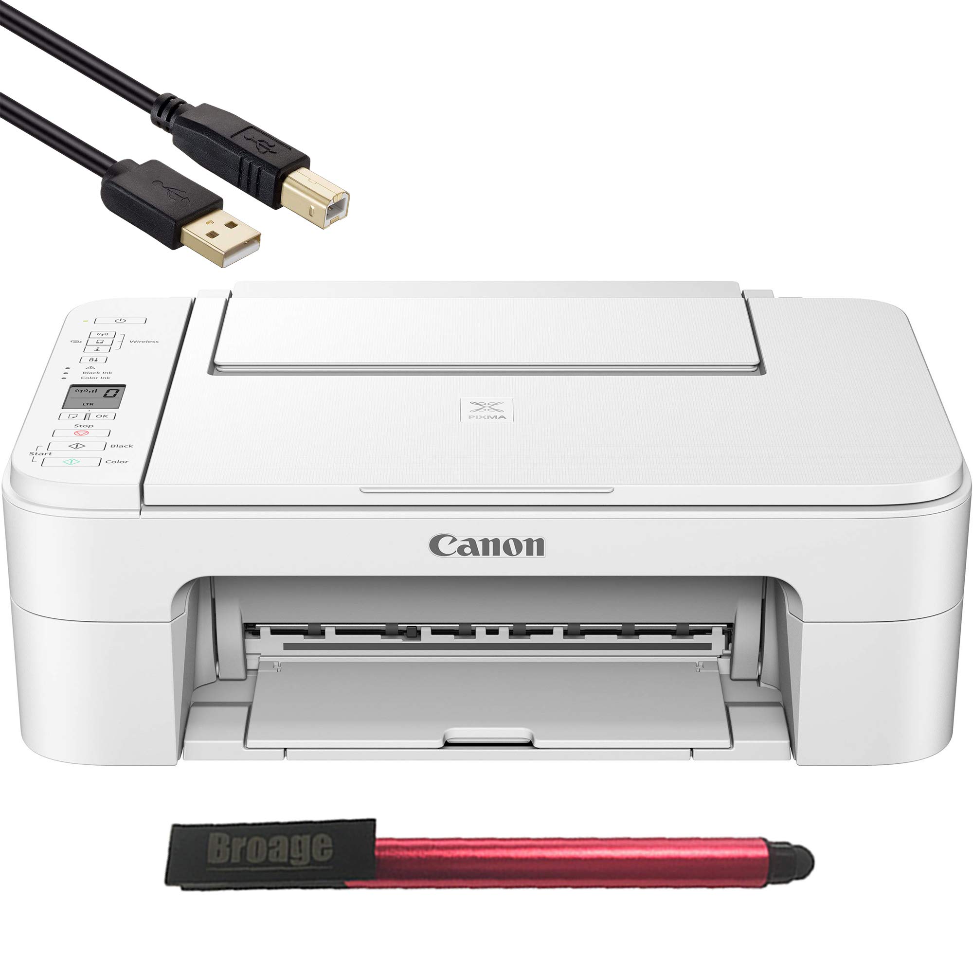 BROAGE Canon_PIXMA TS Series White Wireless All-in-One Inkjet Printer - 3 in 1 Print, Scan and Copy - up to 4800 x 1200 Resolution, 1.5 Segment LCD Display 64GB Flash Drive + 3FT Printer Cable