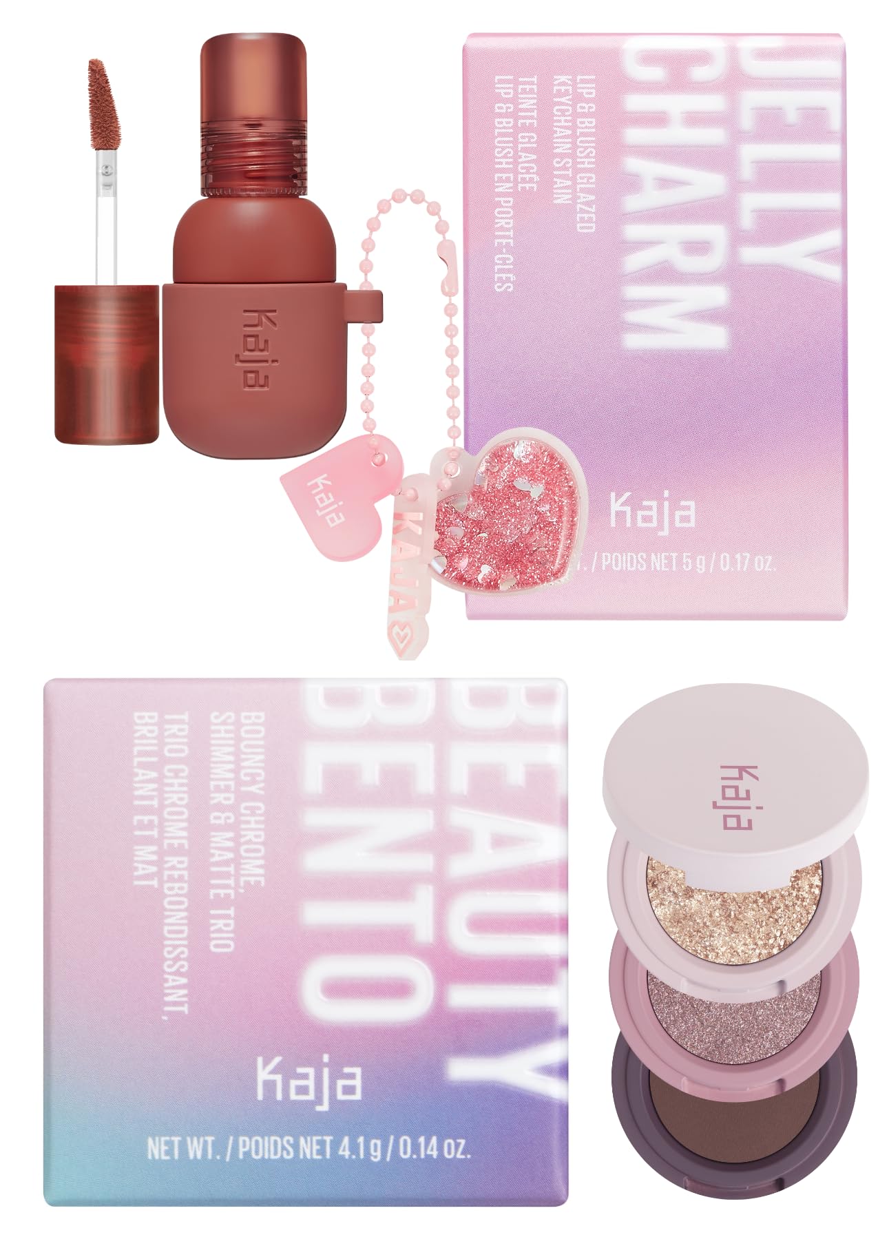 Kaja Lip & Blush Glazed Keychain Stain - Jelly Charm 05 Peach Fizz + Eye Bento Collection - Bouncy Eyeshadow Trio 17 Mauve Bouquet Bundle