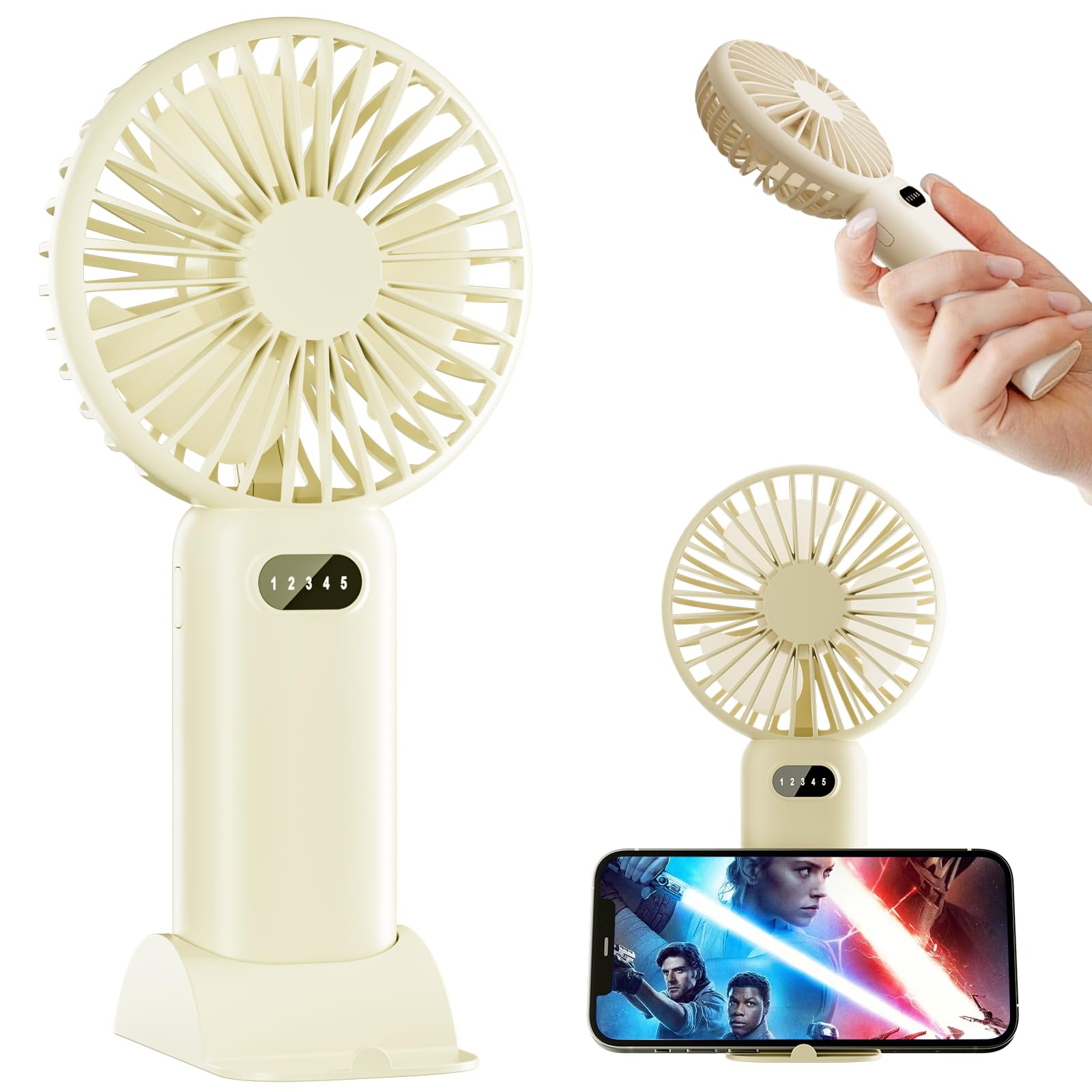 plilogo Portable Fan, Handheld Fan with LED Display, Personal Fan for 15 Hours Cooling, Small Fan with Powerful Airflow, Rechargeable Travel Fan for Outdoor Camping, Mini Fan with Phone Holder