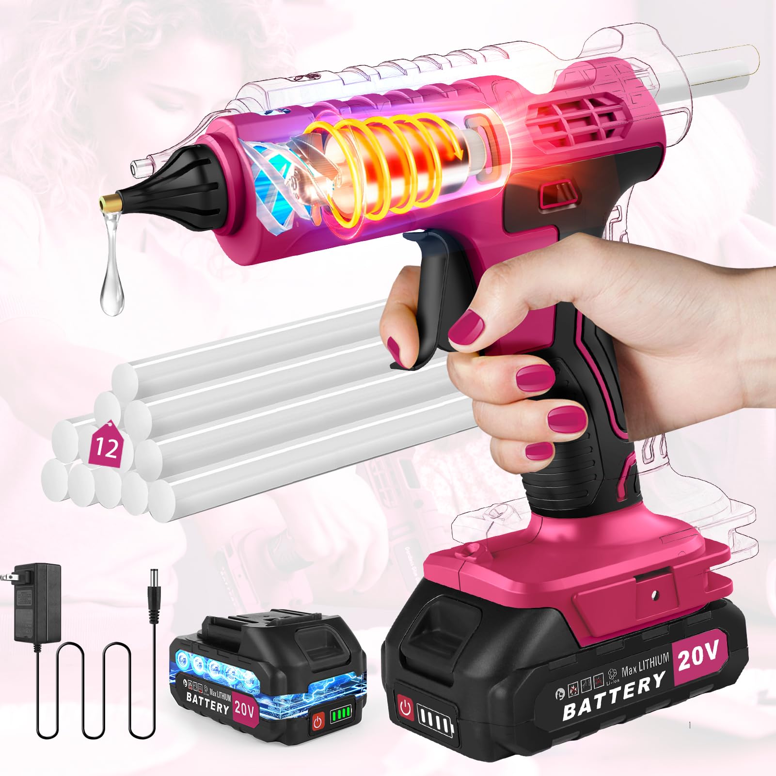 100W Cordless Hot Glue Gun Cordless & Rechargeable(Battery Included), 20V Pink Full Size Hot Glue Gun Kit with Charger, Wireless Hot Glue Gun Sticks Set with 12pcs 0.43'' Glue Sticks for Crafts & DIY