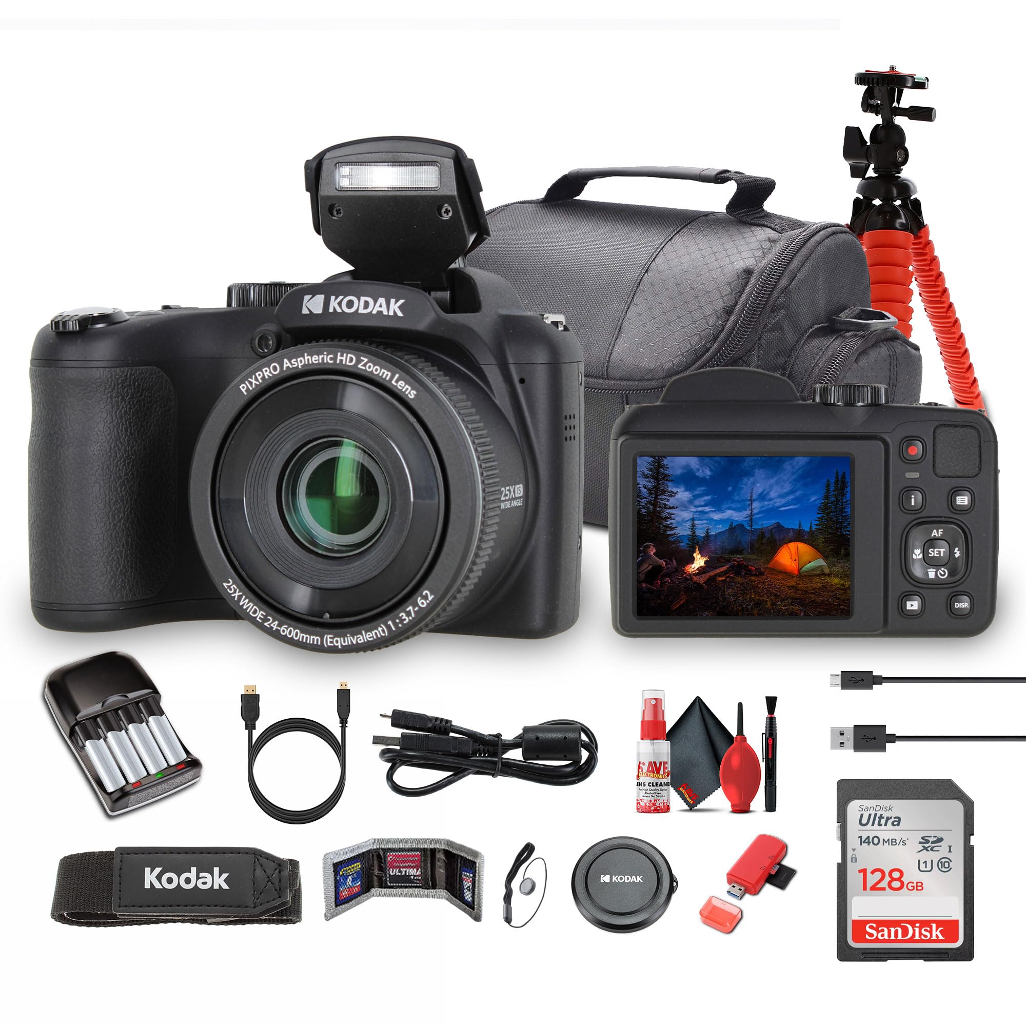 Kodak Pixpro AZ255 Digital Camera in Black (AZ255BK) Bundle Including: 128 GB Memory Card, Rechargeable Batteries, Case, Flexible Tripod, Neck Strap, Lens Caps, Full Cleaning Kit, More Accessories