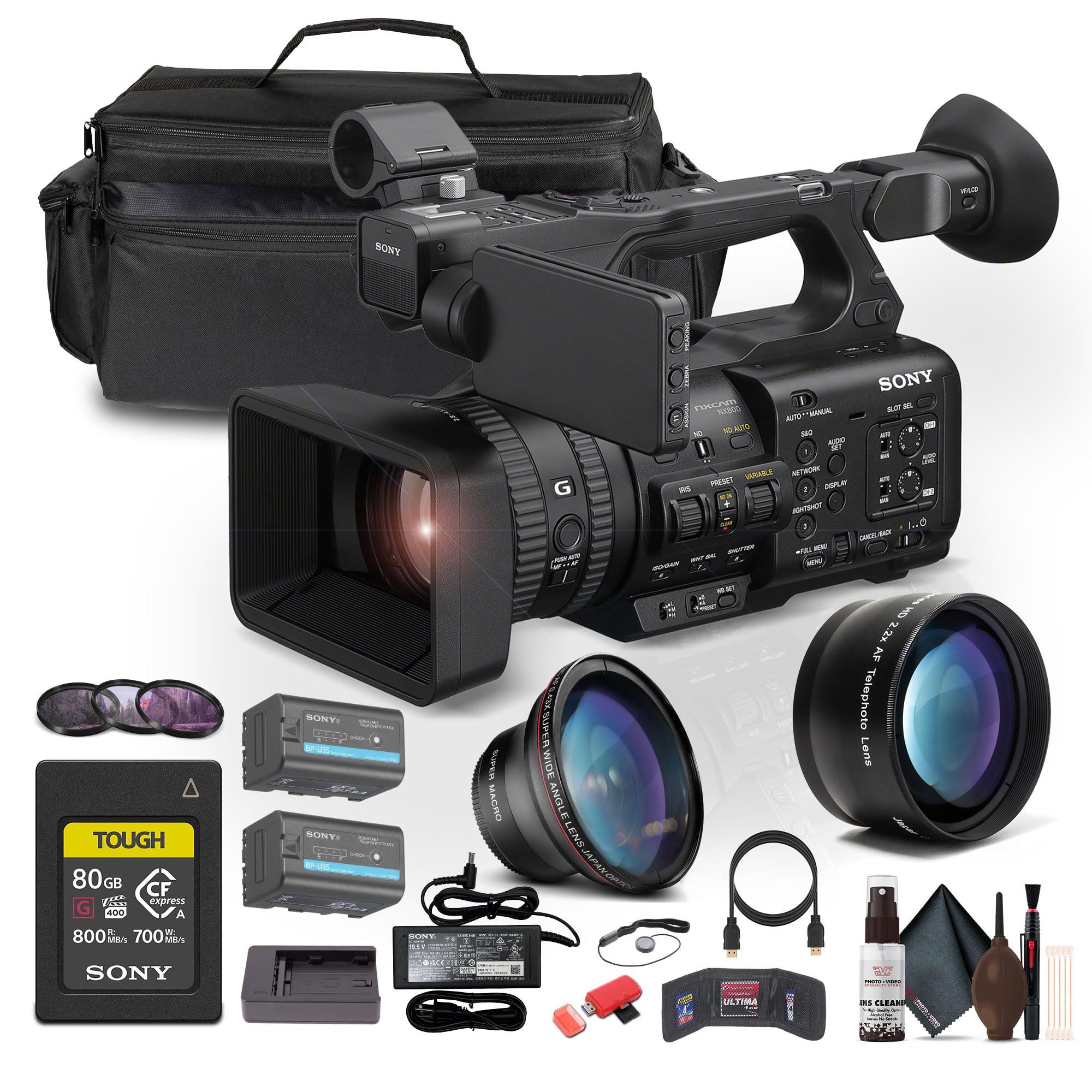 Sony HXR-NX800 4K HDR 1" Sensor NXCAM Camcorder (HXR-NX800) W 80GB CFexpress Card + BP-U35 Battery + Large Case + Telephoto Lens + Card Reader + Filter Kit + Wide Angle Lens + More