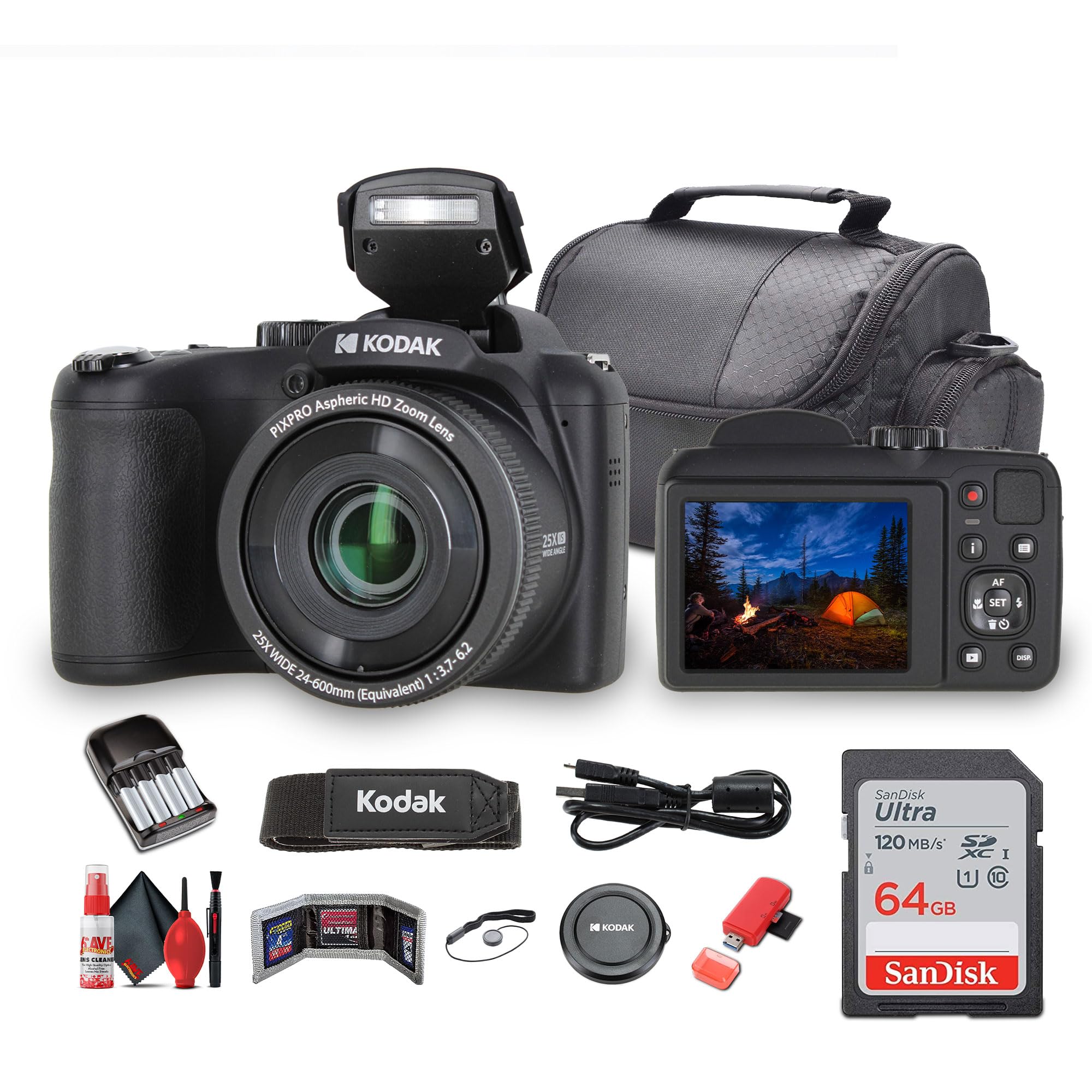 Kodak Pixpro AZ255 Digital Camera (AZ255BK) Bundle Including: 64 GB Memory Card, Rechargeable Batteries, Case, Neck Strap, Lens Caps, Full Cleaning Kit, Card Reader, Card Wallet, USB Cable, Cap Keeper