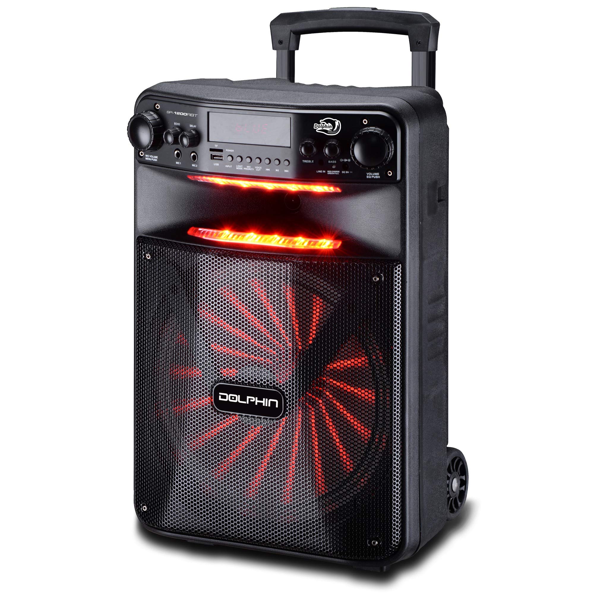 Dolphin SP-1200RBT Portable Party Bluetooh Speaker w/Remote Control and Sound Activated LED Light Show, 12", Long Lasting Battery