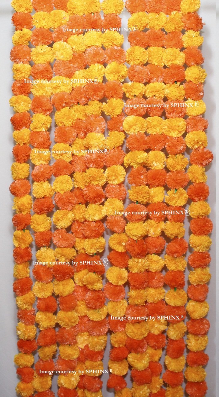SPHINX Artificial Marigold Fluffy Flowers Garlands for Festive Pooja Wedding Housewarming Diwali Decorations (Light and Dark Orange, 2)