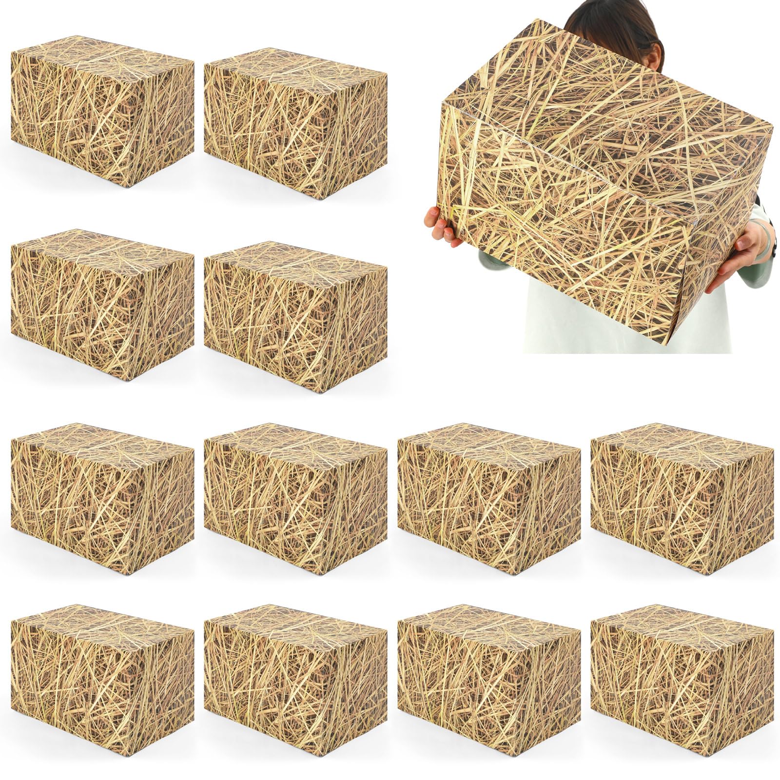 AmazingSpark 12pcs Hay Bales Paper Boxes Decor 15.7 x 9.8 x 9.8 Inch, Western Cowboy Party Straw Decor Box Photo Booth Props for Rustic Farm Country Farmhouse Retro Birthday Party Supplies